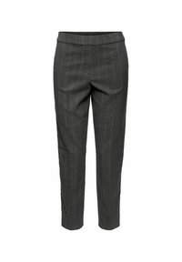 Pantalon slim gris foncé avec un motif à carreaux subtil et une taille élastique, adapté pour une tenue formelle ou de bureau.