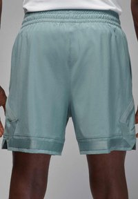 Lysegrønne træningsshorts med elastisk talje, sidelommer og en glat tekstur. Har skrå sidepanel detaljer.