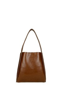 Brązowa skórzana torba tote o gładkim, strukturalnym kształcie, z jedną zakrzywioną rączką i minimalistycznym wzornictwem. Brak widocznych wzorów lub elementów metalowych.