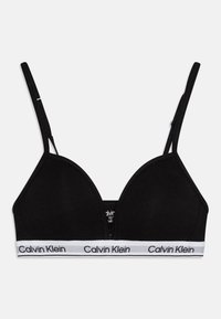 Svart triangelbralett i bomull med tunna band och en vit elastisk rem med "Calvin Klein"-tryck. Slät textur.