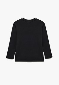 Schwarzes Langarmshirt aus strukturiertem Stoff, runder Ausschnitt und gerippte Bündchen, mit einem schlichten und minimalistischen Design.