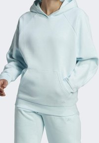 Sweat à capuche bleu clair en tissu doux avec une poche kangourou, des poignets côtelés et un logo brodé sur l'ourlet et la manche.