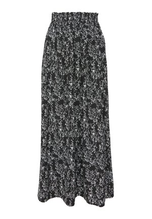 Schwarzer Maxikleid mit Blumenmuster und elastischem Bund, mit einem zarten weißen Blumenmuster und einem fließenden, strukturierten Stoff.