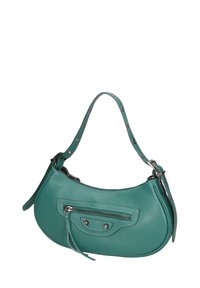 Borsa a mano in pelle verde acqua con forma curva, manico corto e tasca frontale con zip. Gli accenti in metallo argentato valorizzano il design.