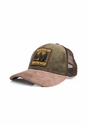Czapka z daszkiem z brązowego sztruksu, oliwkowozielona z przodu, tył z siateczki, łatka z napisem "Black Skies Into The Wild" z drzewami i promieniami słońca.