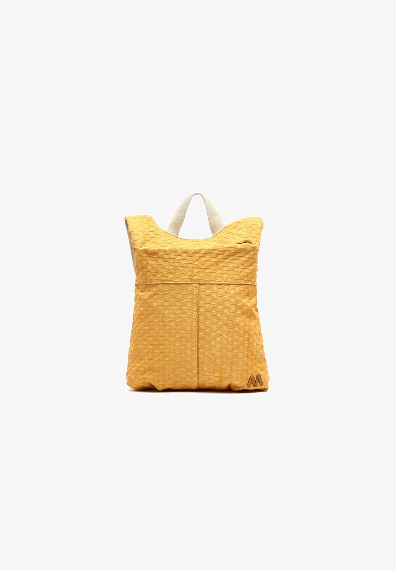 Yellow textured backpack with a woven pattern, a top handle, and an embossed logo. Features a front pocket and a structured shape.