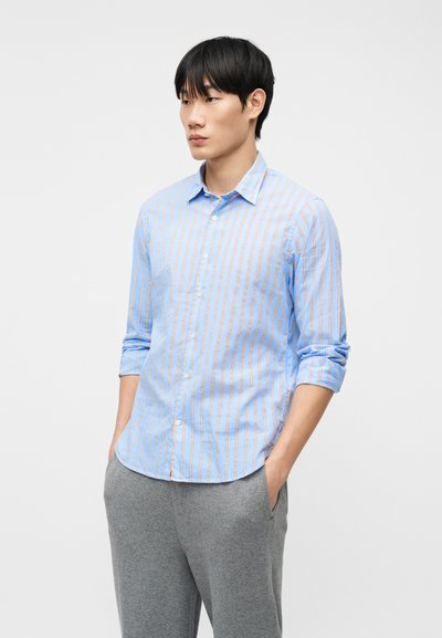 Νεαρός άνδρας με μπλε και μπεζ ριγωτό πουκάμισο με κουμπιά και μανίκια που είναι γυρισμένα, φορώντας γκρι παντελόνι, στέκεται με τα χέρια στις τσέπες μπροστά σε λευκό φόντο.