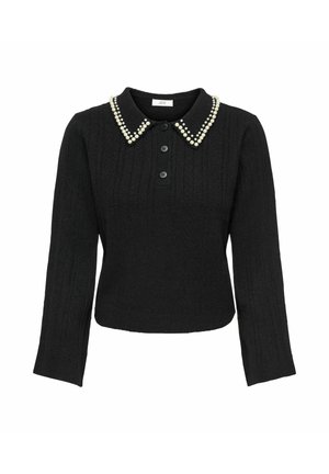 Black long-sleeve knit top with three front buttons and pointed collar embellished with two rows of white pearls.