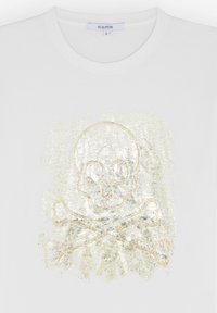 Hvid bomulds t-shirt med et glitrende gyldent skelet og kors design, med en struktureret baggrund og en klassisk rund hals.