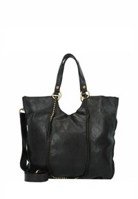 Borsa a spalla in pelle nera con texture morbida, manici superiori e una tracolla rimovibile. Presenta dettagli in rame dorato e cuciture a contrasto.