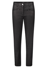 Schwarze Hose aus glattem, elastischem Material mit schmalem Schnitt. Verfügt über Reißverschlusstaschen und einen Knopfverschluss. Schlichtes Design.