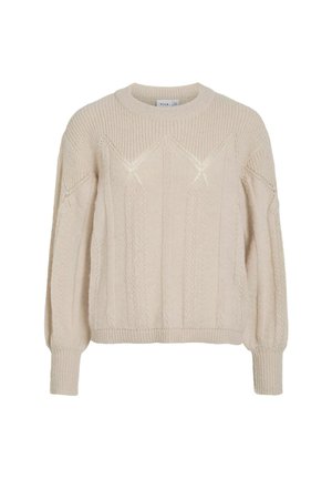 Bezs krāsas adīts džemperis ar apaļu kakla izgriezumu, nokritušām plecu daļām, strukturētām rakstām un ribinātām piedurknēm un apakšmalu. Ikdienišķs, īsais dizains.