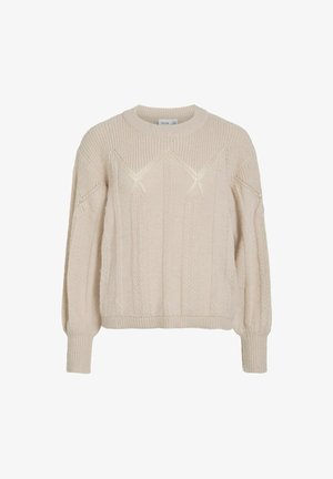 Beżowy sweter z dzianiny o okrągłym dekolcie, z opadającymi ramionami, z teksturowanymi wzorami oraz ściągaczami przy mankietach i u dołu. Swobodny, krótki krój.