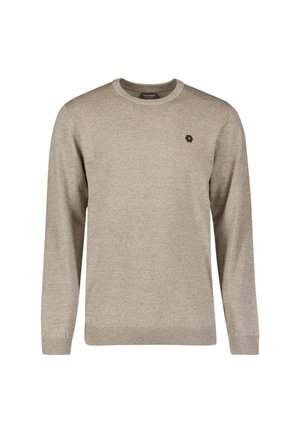 Beige gebreide trui met een ronde hals, lange mouwen, een gestructureerde afwerking en een klein hexagonaal logo op de borst.