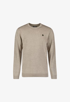 Beige Strickpullover mit Rundhalsausschnitt, langen Ärmeln, strukturiertem Finish und einem kleinen sechseckigen Logo auf der Brust.