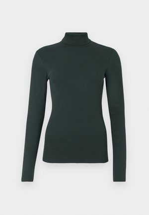Dark green long-sleeve turtleneck top with fitted silhouette on a plain white background.