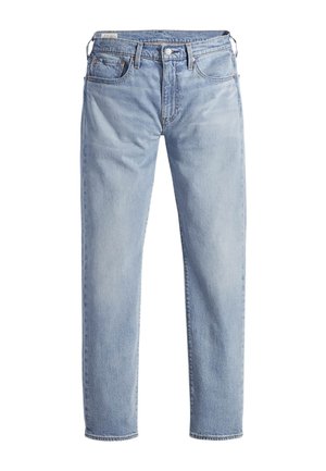 Světle modré džíny z denimu se střihovým designem rovného nohavice, pěti kapsami a kovovým zapínáním. Tkanina má mírné vyblednutí a jemnou texturu.