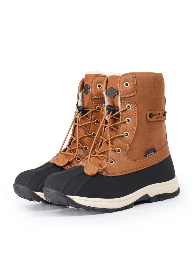 Braune Wildleder- und schwarze Gummistiefel mit Schnürdesign, Fellfutter und Metallelementen. Verfügt über eine dicke, strukturierte Sohle für besseren Halt.