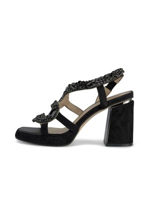 Scarpe open-toe in suede nero con tacco spesso, decorate con perline e paillettes nere. Presentano un design con cinturini e una soletta imbottita.