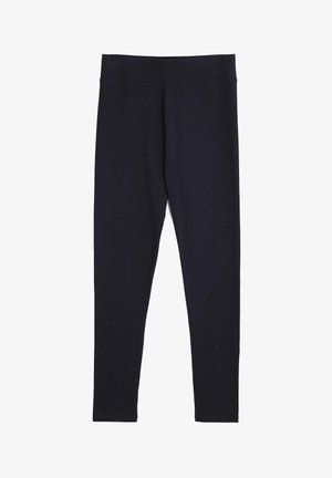 Leggings neri con un tessuto liscio e elastico e una cintura elastica ampia, caratterizzati da un design aderente e senza cuciture o motivi visibili.