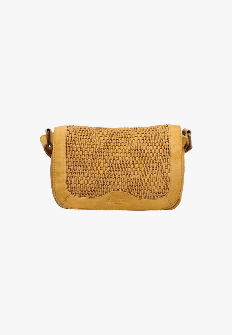 Borsa rettangolare gialla con texture intrecciata sul davanti, lati in pelle liscia e chiusura a pattina. Presenta una tracolla e un logo impresso.