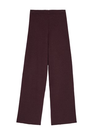 Pantalons larges en bordeaux, réalisés en tissu doux. Équipés d'une taille élastique, de coutures minimales et sans poches visibles.