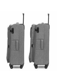 Valigia in tessuto grigio con doppia cerniera, tasche laterali, manico telescopico e quattro ruote nere per la mobilità.