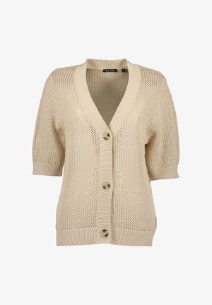 Gestrickte Strickjacke in Hellbeige mit V-Ausschnitt, kurzen Ärmeln, offenem Strickmuster und drei großen Knöpfen vorne.