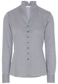 Långärmad skjorta med knappar i navy och vitt geometriskt mönster, med högt krage och figursydd design med knappdetaljer fram.