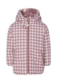 Gewatteerde hooded jack in een roze en witte ruitpatroon, met een ritssluiting, zijzakken en een zachte binnenvoering.