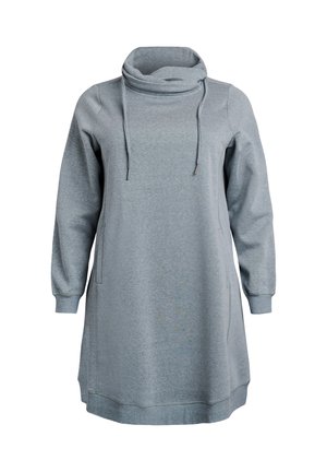 Grå sweatshirtklänning med hög krage, dragsko-detalj, långa ärmar och sidofickor, tillverkad av mjukt tyg med en slät textur.