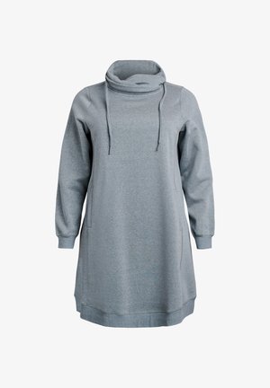 Grå sweatshirtklänning med hög krage, dragsko-detalj, långa ärmar och sidofickor, tillverkad av mjukt tyg med en slät textur.