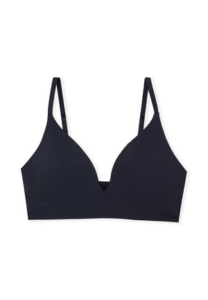 Marineblauer kabelloser BH mit dreieckiger Form, strukturiertem Muster, verstellbaren Trägern und tiefem Ausschnitt. Glatter Stoff und minimale Nähte.