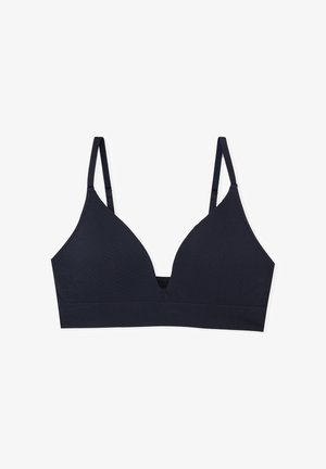 Marineblauer kabelloser BH mit dreieckiger Form, strukturiertem Muster, verstellbaren Trägern und tiefem Ausschnitt. Glatter Stoff und minimale Nähte.