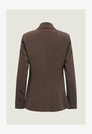 Giacca blazer marrone su misura vista da dietro con maniche lunghe e colletto classico su uno sfondo semplice.