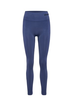 Navy blue leggings made of stretchy fabric with a high waistband, featuring subtle texture patterns and a logo on the waistband.