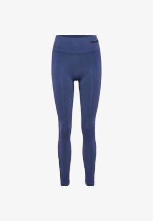 Marineblaue Leggings aus dehnbarem Stoff mit einem hohen Bund, die dezente Strukturmuster und ein Logo am Bund aufweisen.