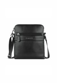 Borsa a tracolla in pelle nera con finitura testurizzata, scomparto con zip singola, tasca frontale con zip e tracolla regolabile.