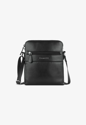 Borsa a tracolla in pelle nera con finitura testurizzata, scomparto con zip singola, tasca frontale con zip e tracolla regolabile.