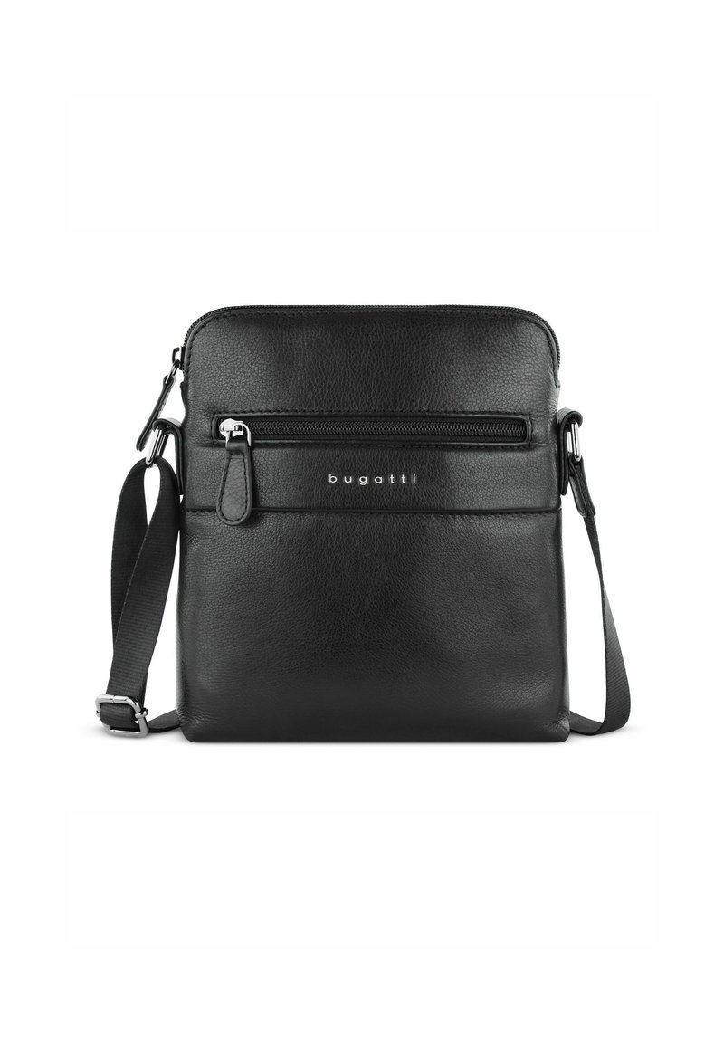 Borsa a tracolla in pelle nera con finitura testurizzata, scomparto con zip singola, tasca frontale con zip e tracolla regolabile.