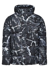 Černá a šedá péřová bunda s kapucí, zdobená abstraktními bílými a šedými vzory větví a listů.