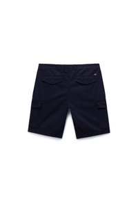 Marineblaue Cargo-Shorts aus robustem Stoff, mit zwei Gesäßtaschen, einer Seitentasche und gesteppter Detailverarbeitung.