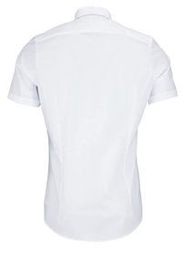 Kurzärmliges weißes Hemd mit geradem Schnitt, klassischem Kragen und glatter Textur; Rücken mit minimalen Nähten und ohne Verzierungen.