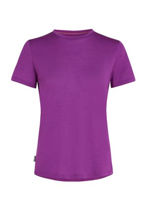 Lila Kurzarm-T-Shirt mit Rundhalsausschnitt, aus glattem Stoff. Hat einen geraden Saum und ein kleines Markenschild unten links.