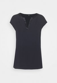 Marinebluse mit kurzen Flügelärmeln, V-Ausschnitt und Satinbesatz. Hergestellt aus glattem Stoff mit einer lockeren Passform, mit einem abgerundeten Saum.