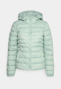Light mint green puffer jacket with a hood, zip closure, and horizontal quilted pattern. Soft, smooth material with elastic cuffs.