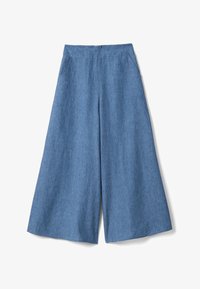 Pantalones anchos de lino azul con bolsillos delanteros y cintura alta, mostrados sobre un fondo blanco.