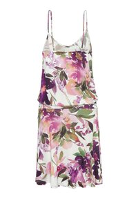 Blumenkleid mit dünnen Trägern, auf weißem Hintergrund mit lebhaften Mustern von pinken, lila und grünen Blumen. Weicher, leichter Stoff.
