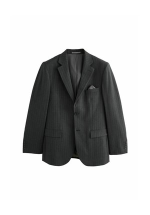 Dunkelgrauer Nadelstreifen-Blazer mit Kerbkragen, zwei vorderen Pattentaschen, einer Brusttasche mit Einstecktuch und geknöpften Manschetten.