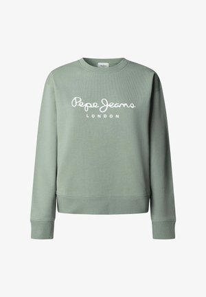 Hele roheline dressipusa, millel on ümmargune kaelus, soonilised mansetid ja alumine ääre, esiküljel valge "Pepe Jeans LONDON" logo. Sile tekstuur.